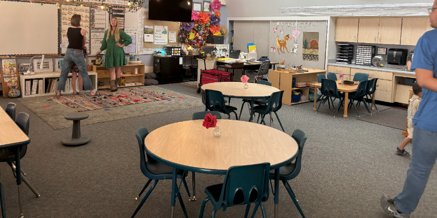 Photos of a classroom and teacher talking with parents.